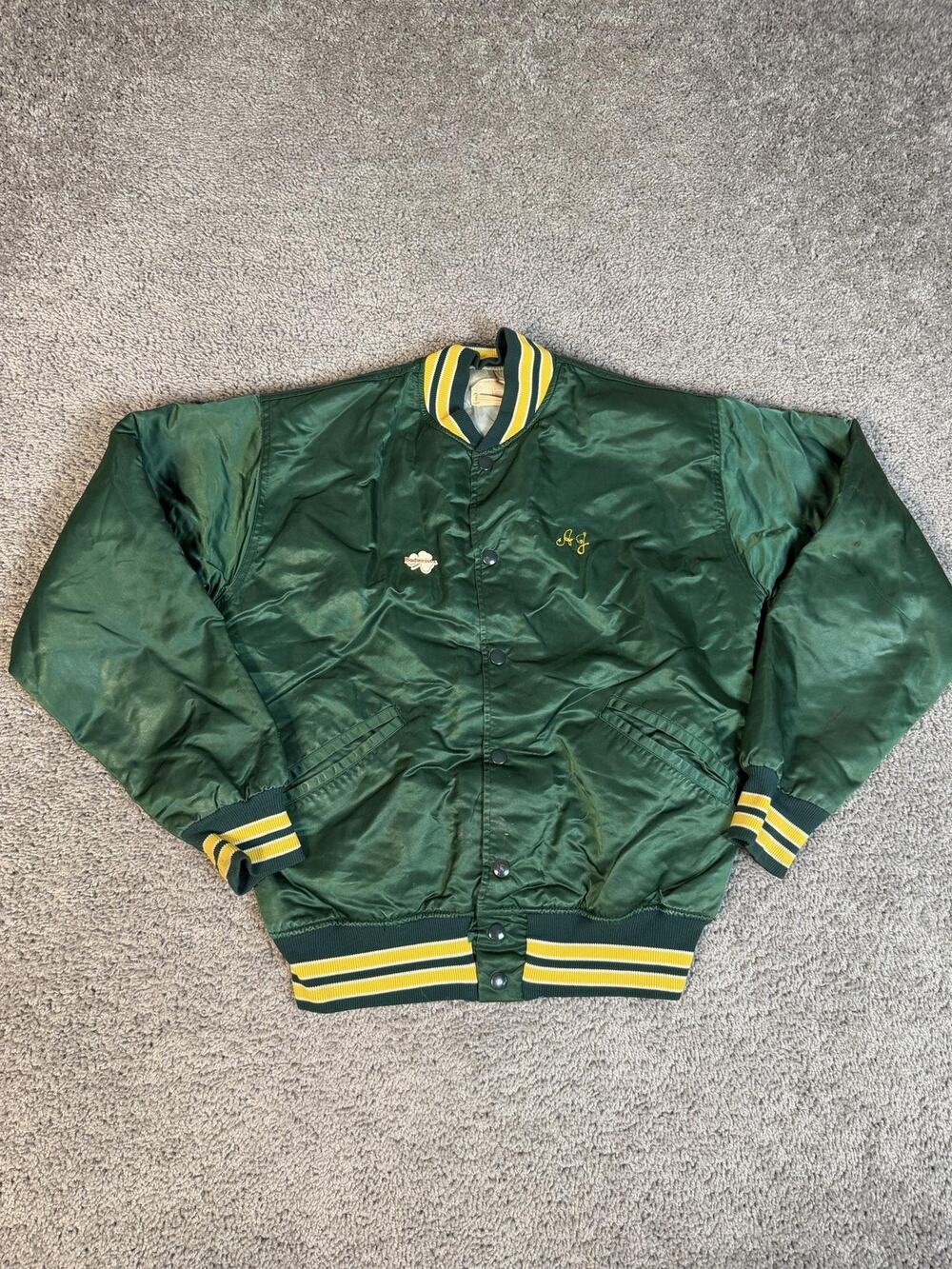 Vintage Felco Bomber Jacket Womens Small Satin Green Yellow varsity 1980s
